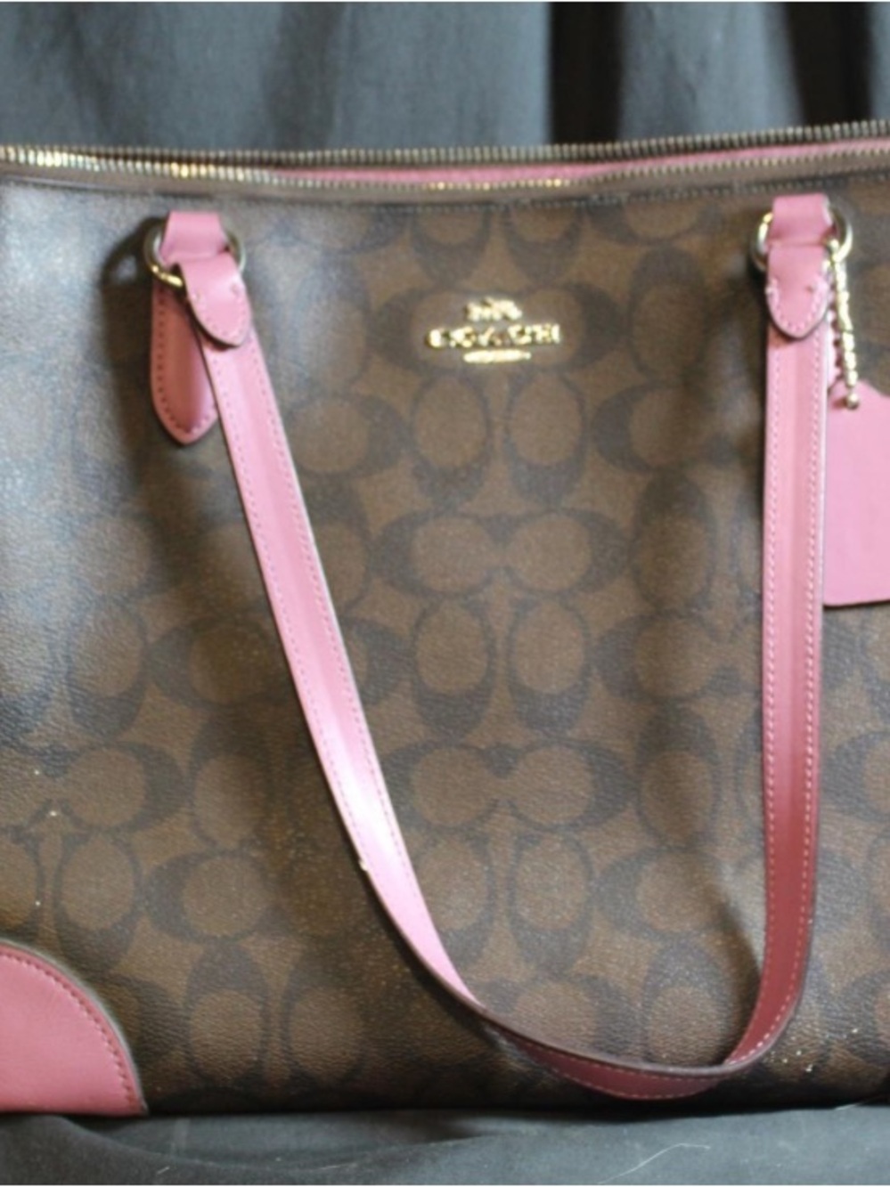 Coach Brown Signature Tote with Pink Trim and Straps